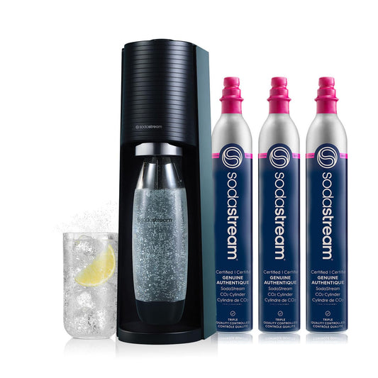 SodaStream Terra Sparkling Water Maker Bundle in Black - includes 3-Pack CO2 and Carbonating Bottle - The cool kitchen creations